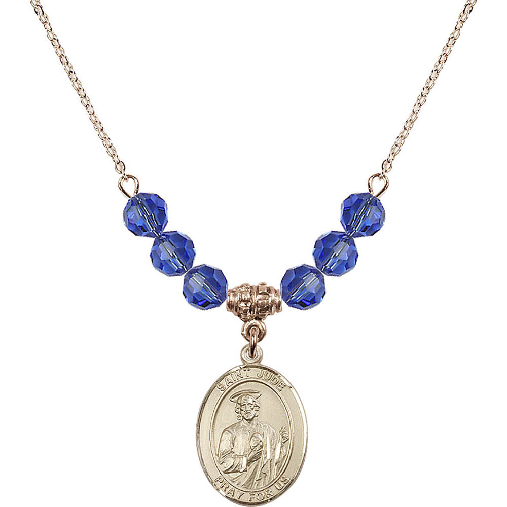 14kt Gold Filled Saint Jude Thaddeus Birthstone Necklace with Sapphire Beads - 8060