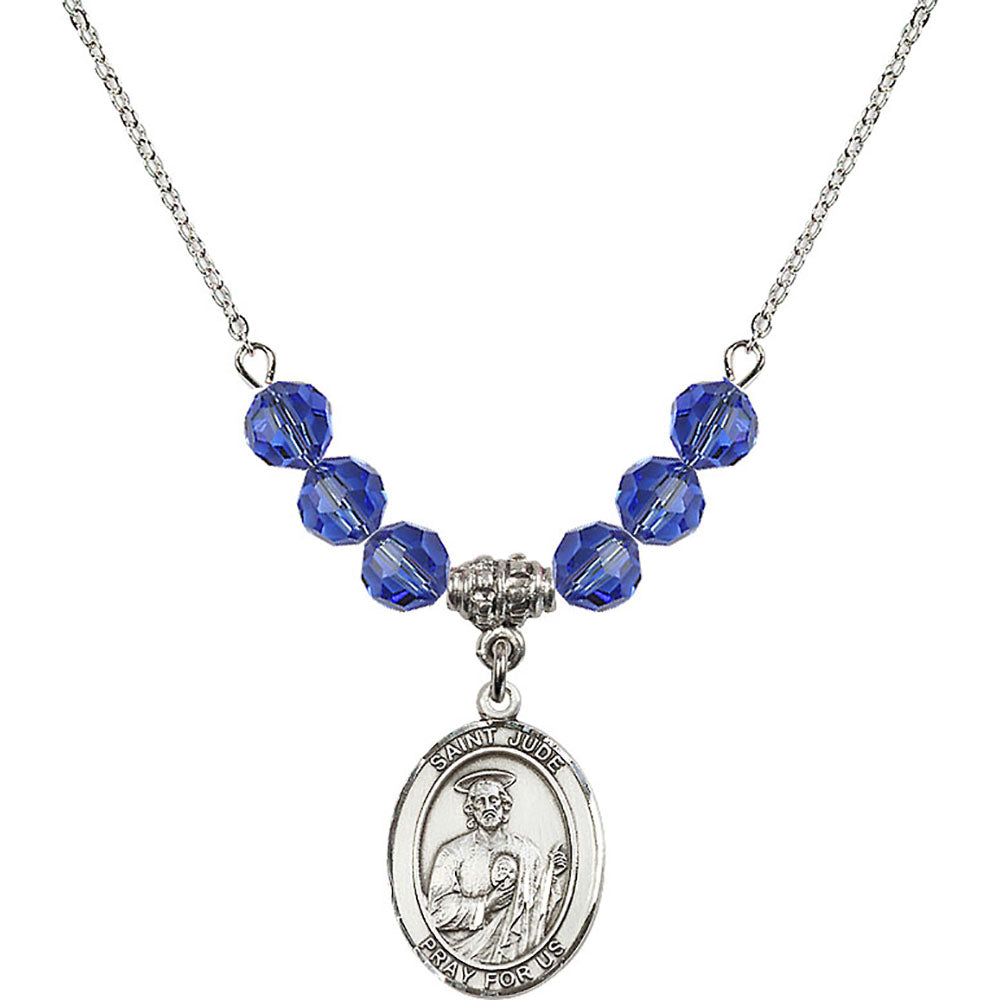 Sterling Silver Saint Jude Thaddeus Birthstone Necklace with Sapphire Beads - 8060