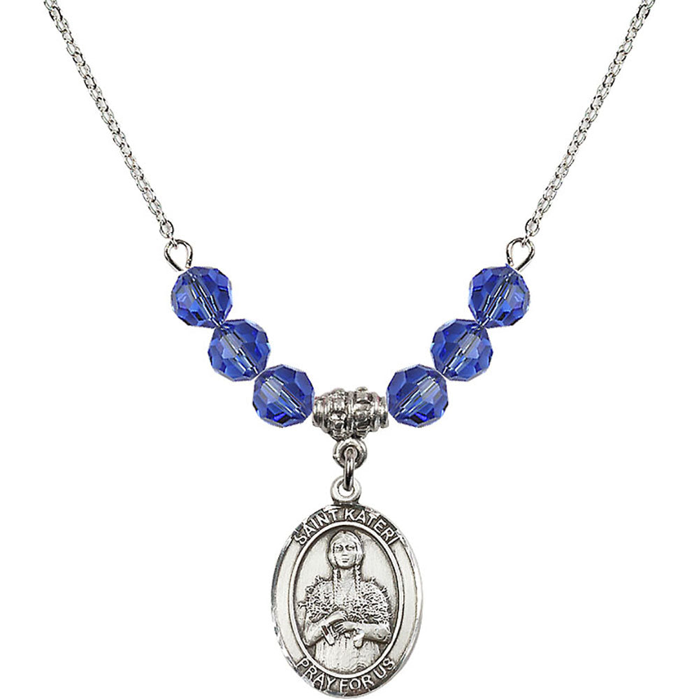 Sterling Silver Saint Kateri Tekakwitha Birthstone Necklace with Sapphire Beads - 8061