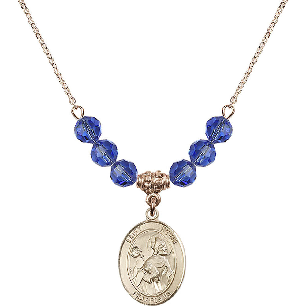 14kt Gold Filled Saint Kevin Birthstone Necklace with Sapphire Beads - 8062