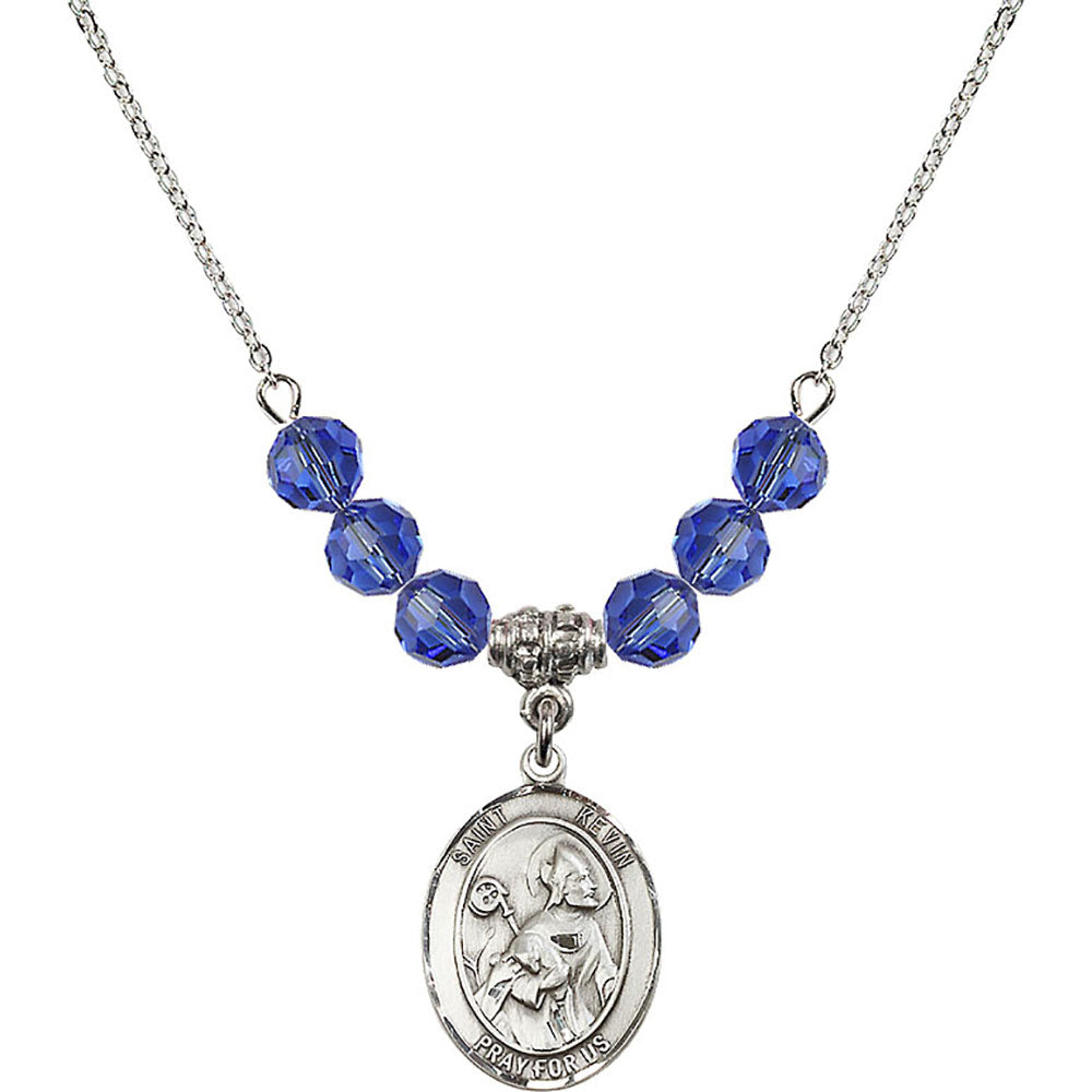 Sterling Silver Saint Kevin Birthstone Necklace with Sapphire Beads - 8062