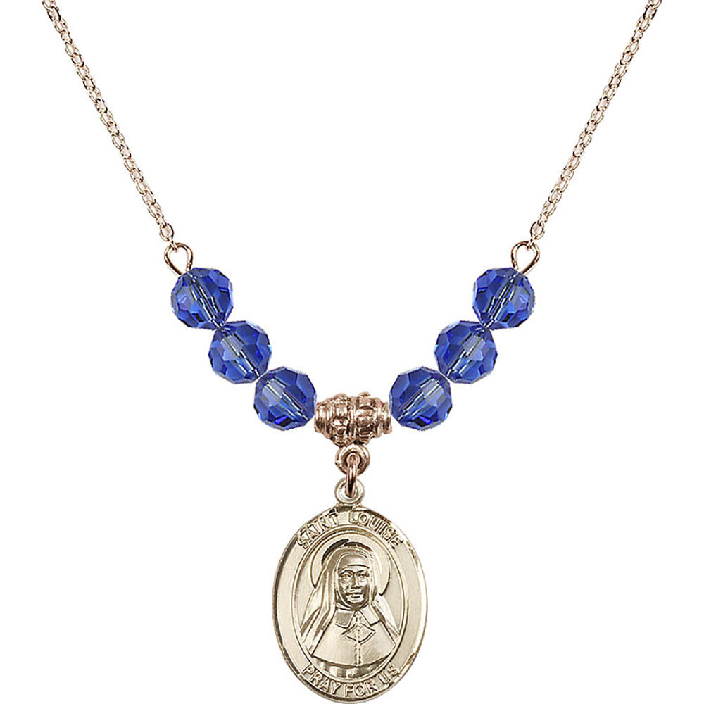 14kt Gold Filled Saint Louise de Marillac Birthstone Necklace with Sapphire Beads - 8064