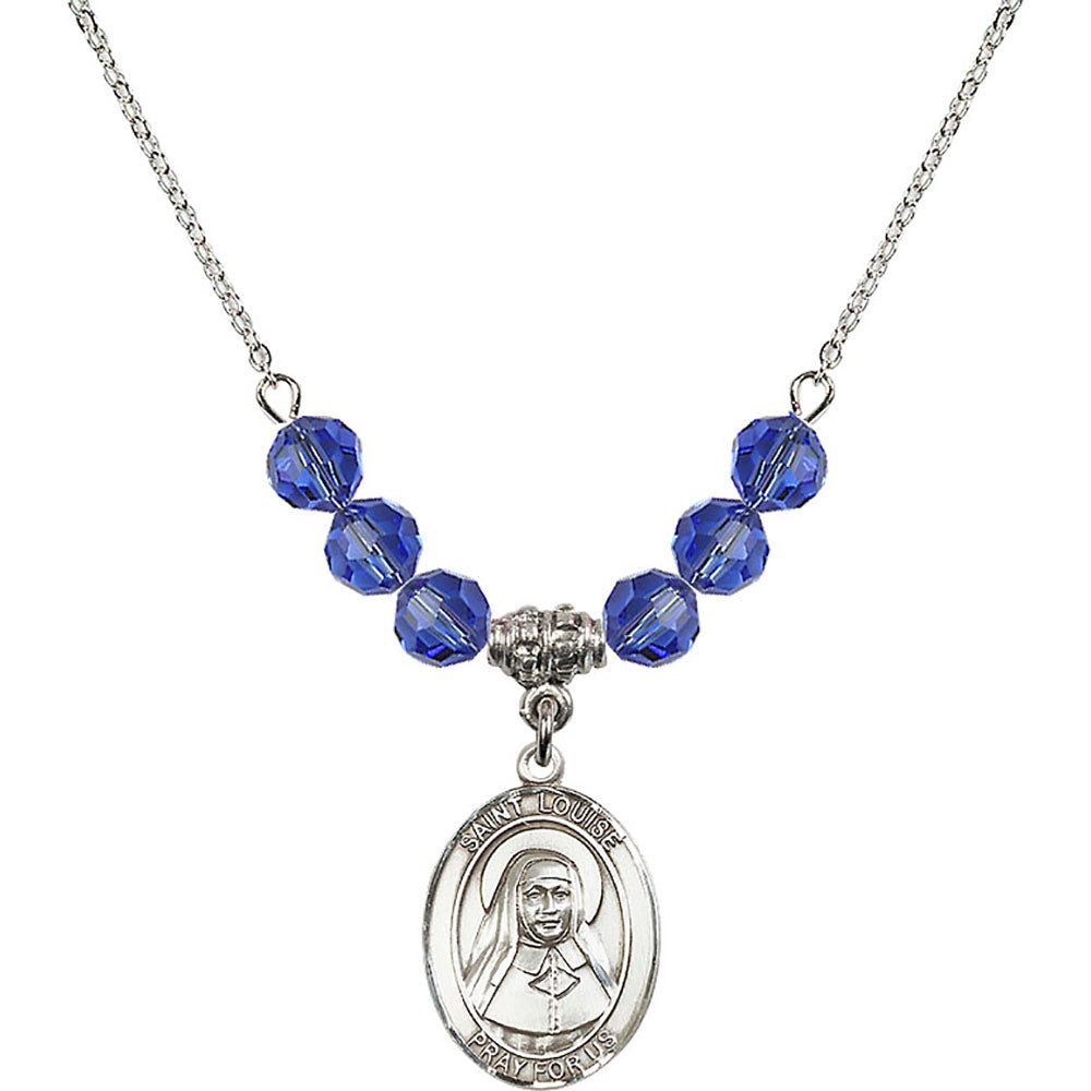 Sterling Silver Saint Louise de Marillac Birthstone Necklace with Sapphire Beads - 8064