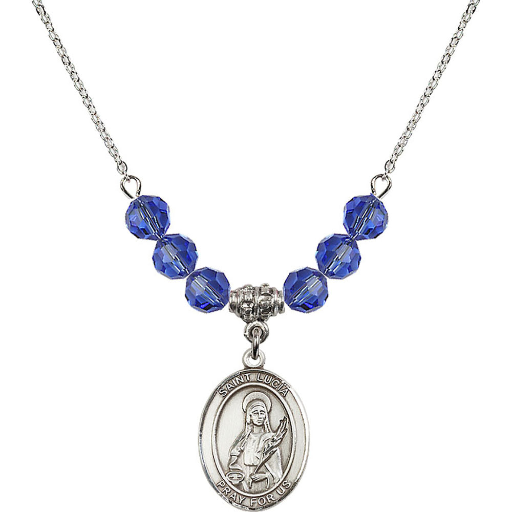 Sterling Silver Saint Lucia of Syracuse Birthstone Necklace with Sapphire Beads - 8065
