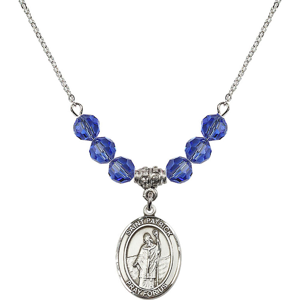 Sterling Silver Saint Patrick Birthstone Necklace with Sapphire Beads - 8084