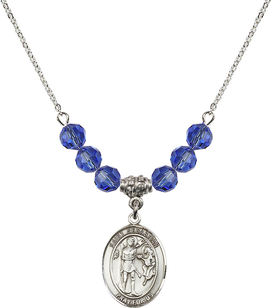 Sterling Silver Saint Sebastian Birthstone Necklace with Sapphire Beads - 8100