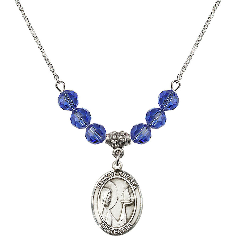 Sterling Silver Our Lady Star of the Sea Birthstone Necklace with Sapphire Beads - 8101