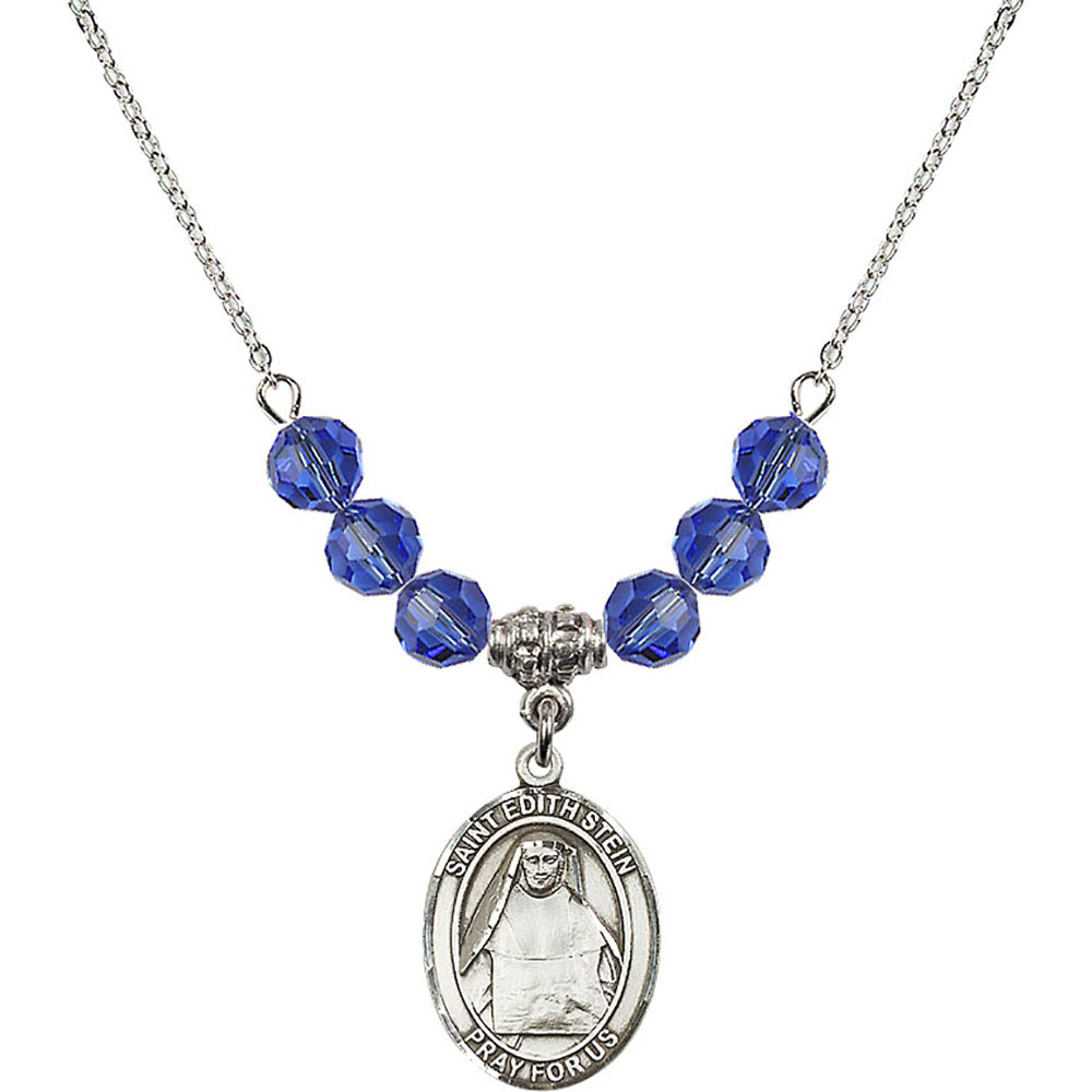 Sterling Silver Saint Edith Stein Birthstone Necklace with Sapphire Beads - 8103