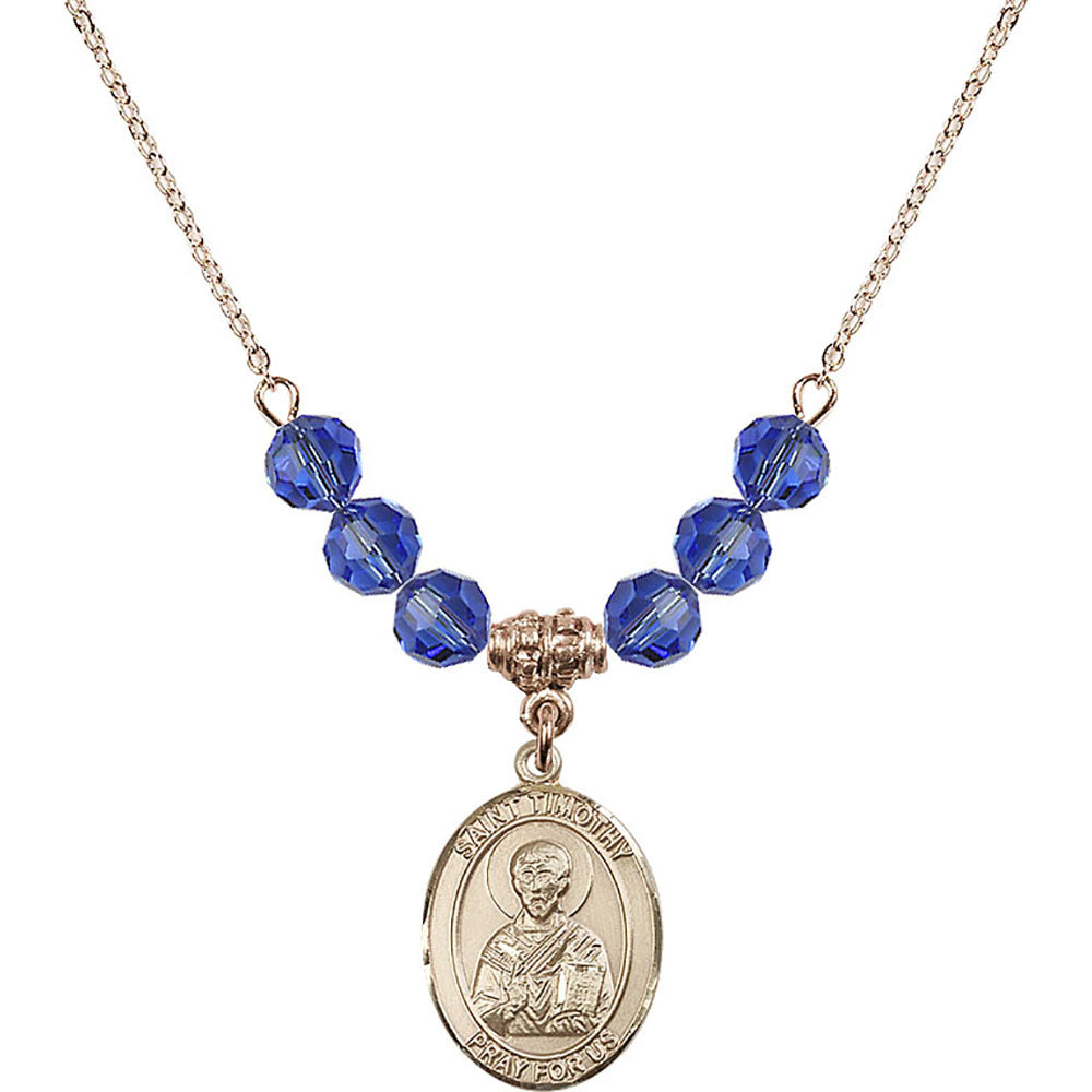 14kt Gold Filled Saint Timothy Birthstone Necklace with Sapphire Beads - 8105