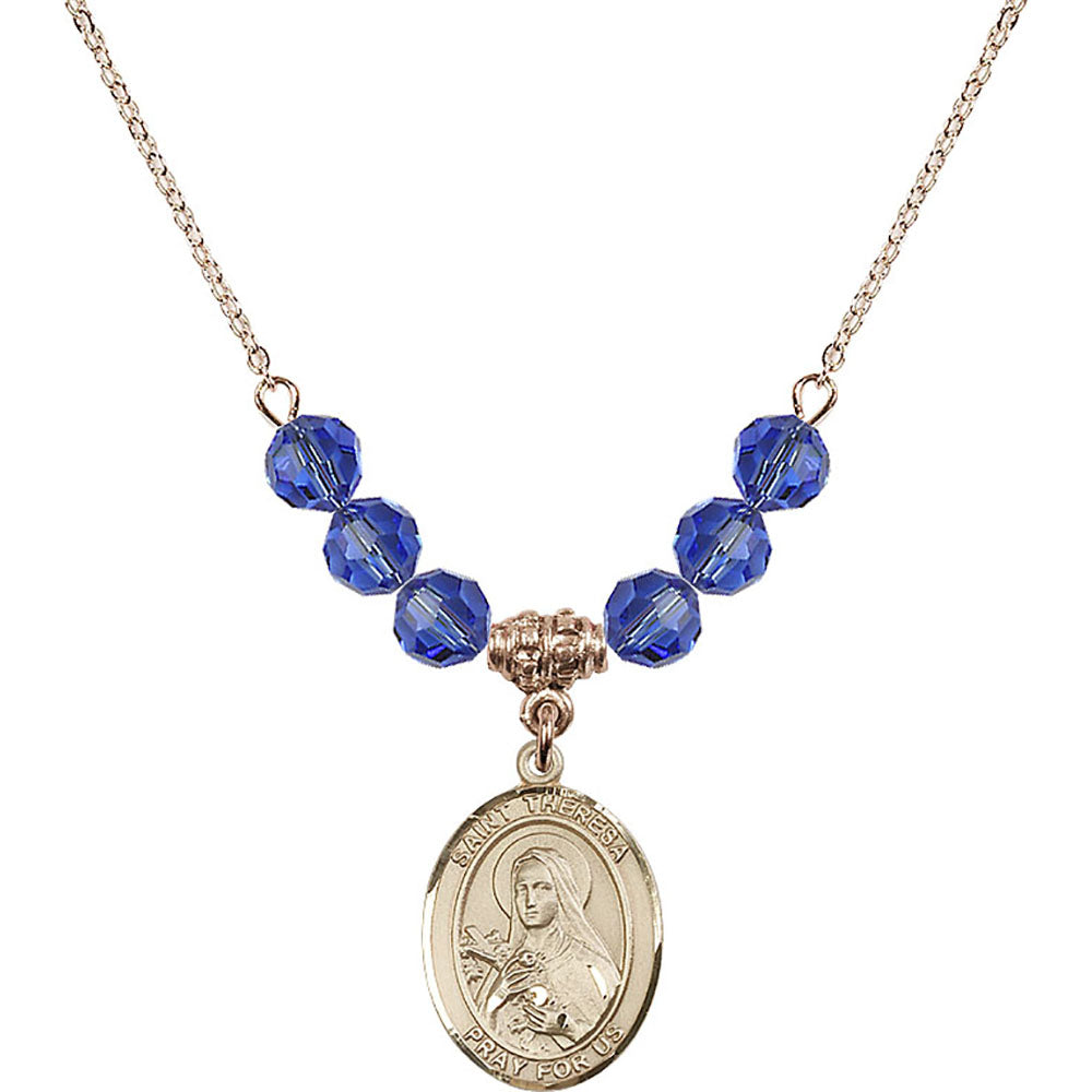 14kt Gold Filled Saint Theresa Birthstone Necklace with Sapphire Beads - 8106