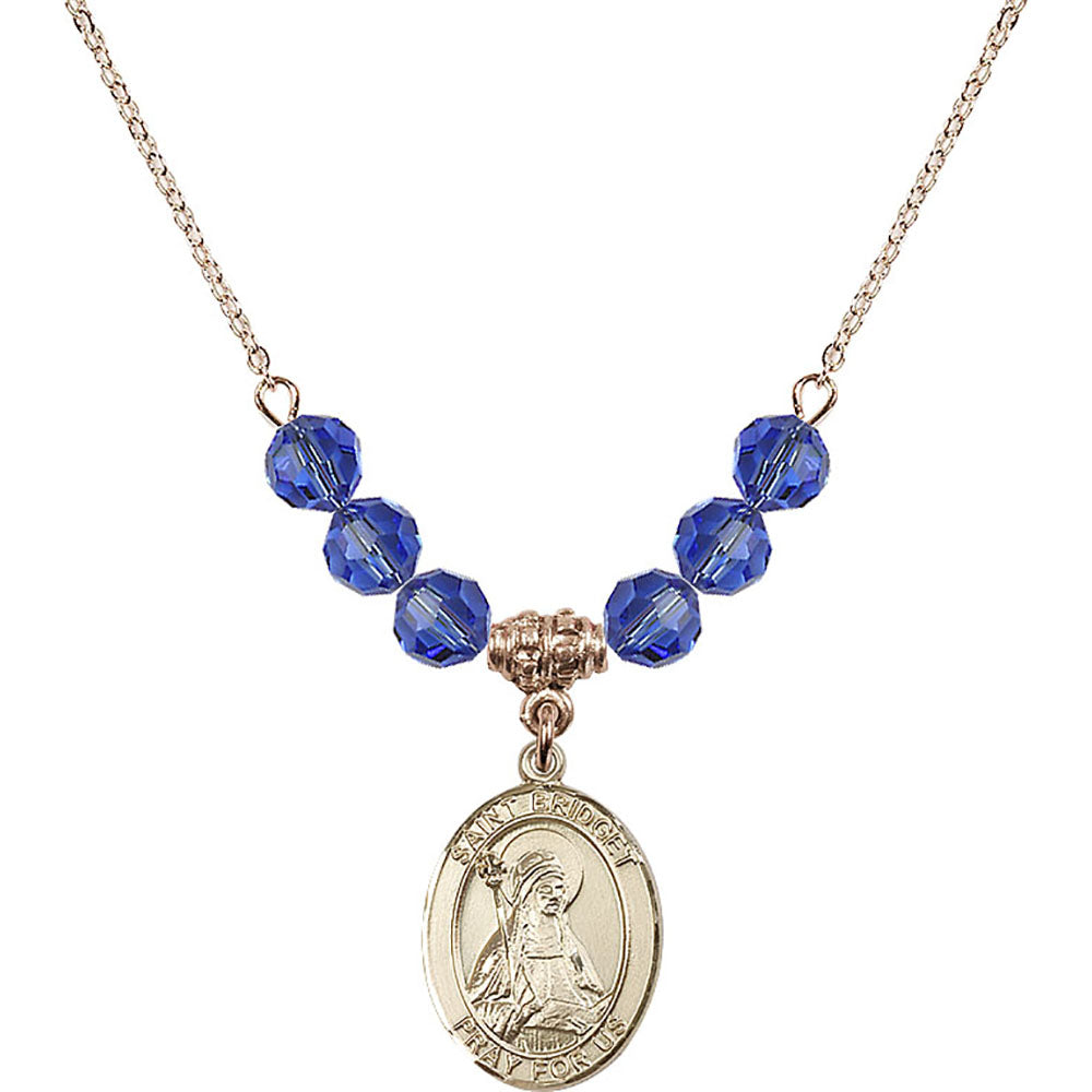 14kt Gold Filled Saint Bridget of Sweden Birthstone Necklace with Sapphire Beads - 8122