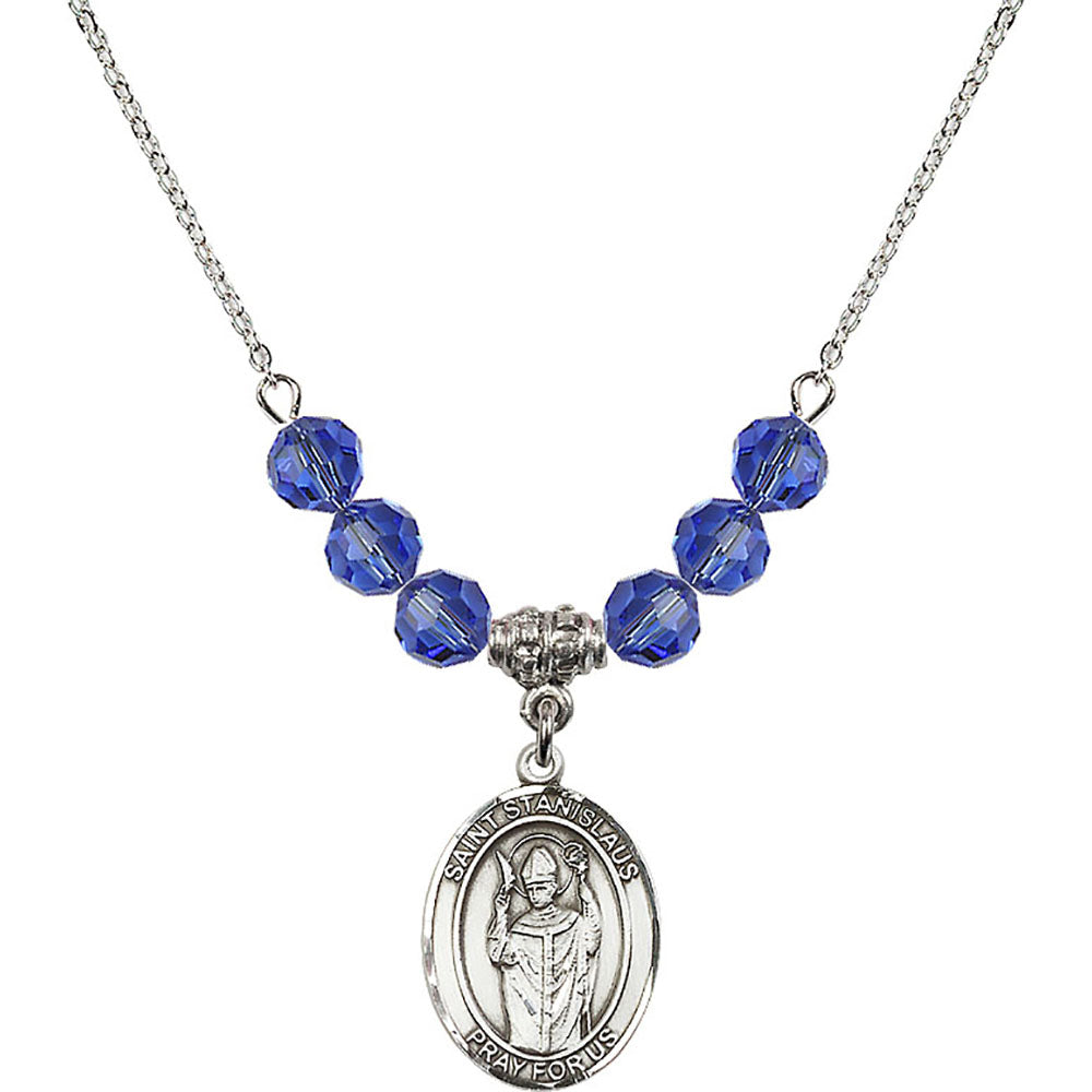 Sterling Silver Saint Stanislaus Birthstone Necklace with Sapphire Beads - 8124