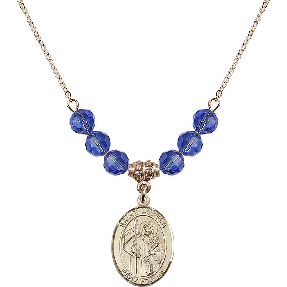 14kt Gold Filled Saint Ursula Birthstone Necklace with Sapphire Beads - 8127