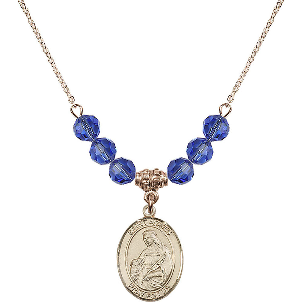 14kt Gold Filled Saint Agnes of Rome Birthstone Necklace with Sapphire Beads - 8128