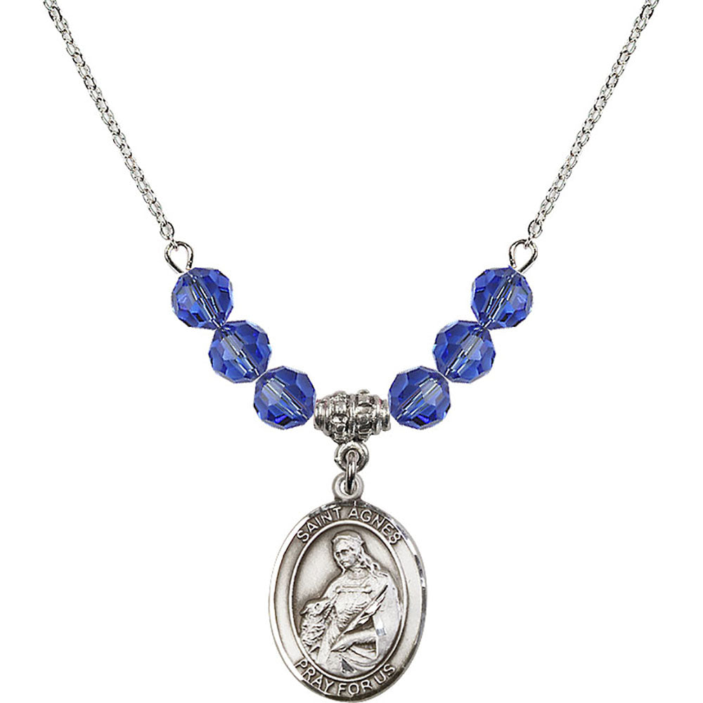 Sterling Silver Saint Agnes of Rome Birthstone Necklace with Sapphire Beads - 8128