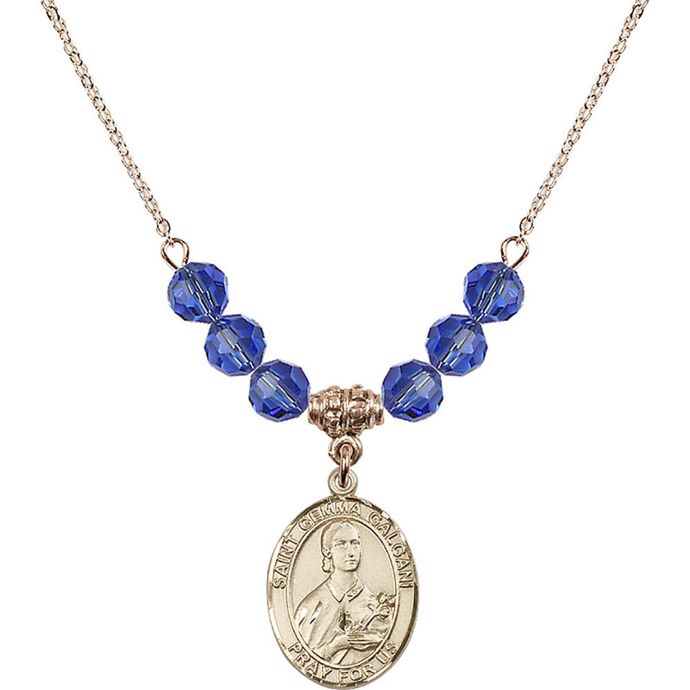 14kt Gold Filled Saint Gemma Galgani Birthstone Necklace with Sapphire Beads - 8130