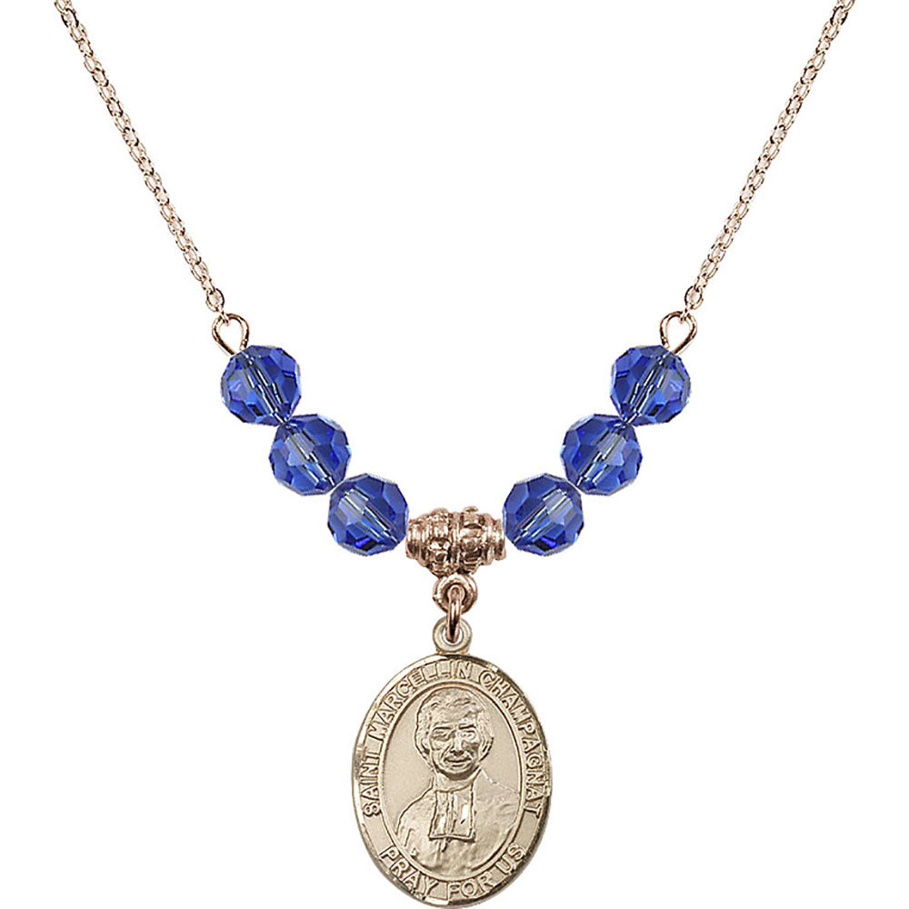 14kt Gold Filled Saint Marcellin Champagnat Birthstone Necklace with Sapphire Beads - 8131