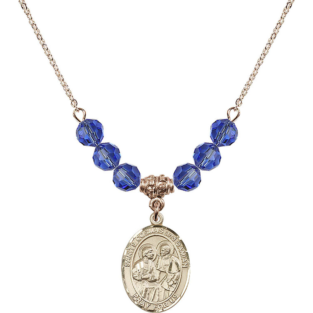 14kt Gold Filled Saints Cosmas & Damian Birthstone Necklace with Sapphire Beads - 8132