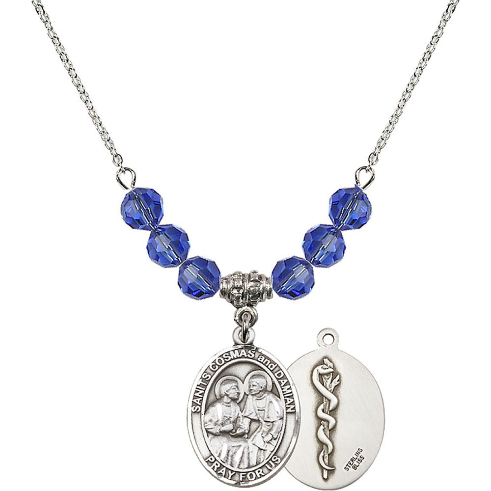 Sterling Silver Saints Cosmas & Damian / Doctors Birthstone Necklace with Sapphire Beads - 8132