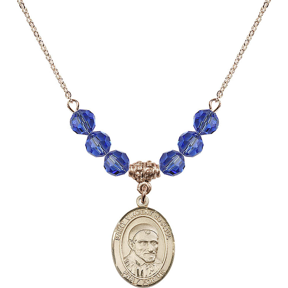 14kt Gold Filled Saint Vincent De Paul Birthstone Necklace with Sapphire Beads - 8134