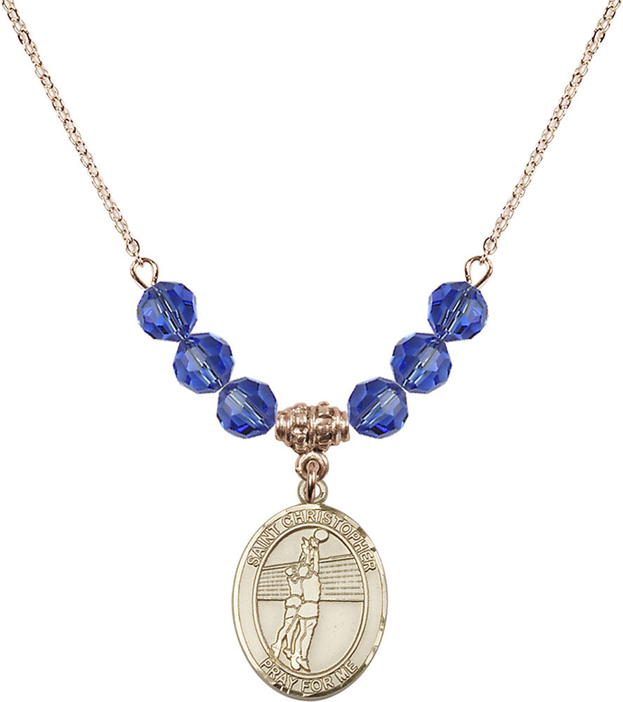 14kt Gold Filled Saint Christopher/Volleyball Birthstone Necklace with Sapphire Beads - 8138