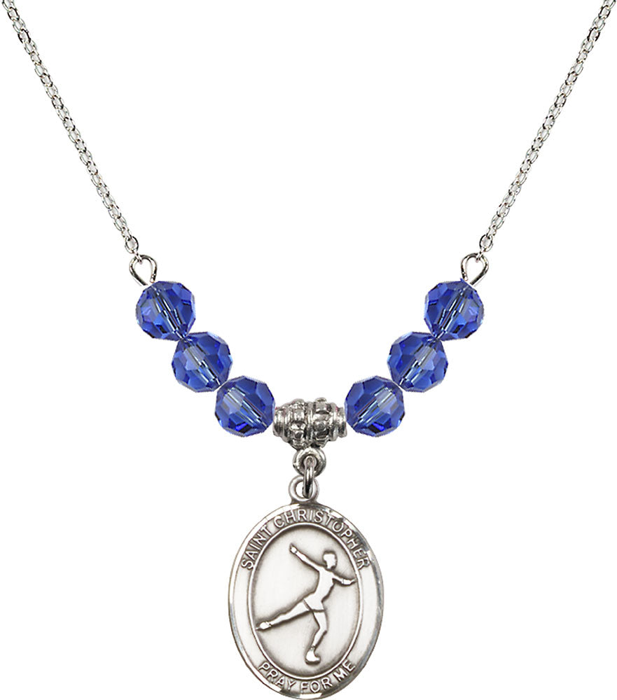 Sterling Silver Saint Christopher/Figure Skating Birthstone Necklace with Sapphire Beads - 8139