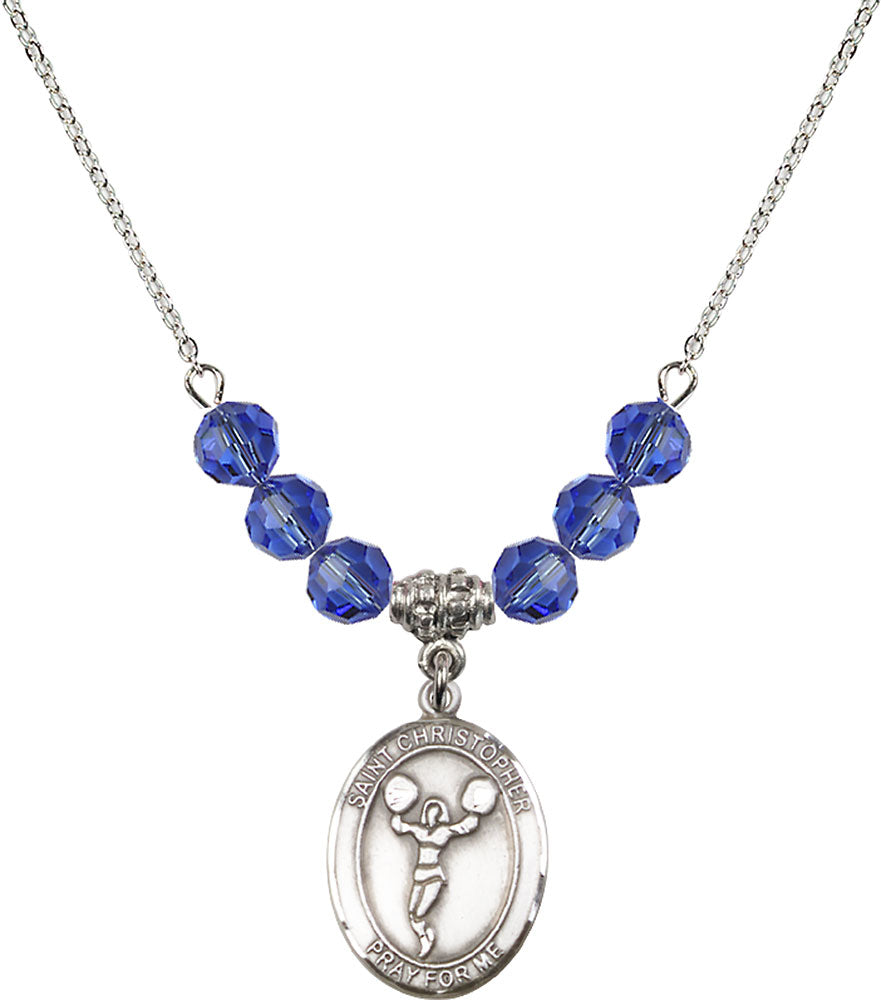Sterling Silver Saint Christopher/Cheerleading Birthstone Necklace with Sapphire Beads - 8140