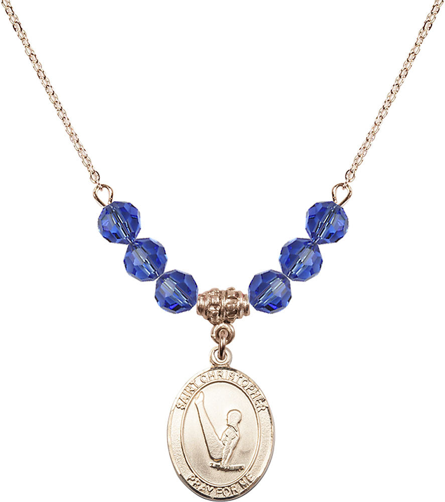 14kt Gold Filled Saint Christopher/Gymnastics Birthstone Necklace with Sapphire Beads - 8142
