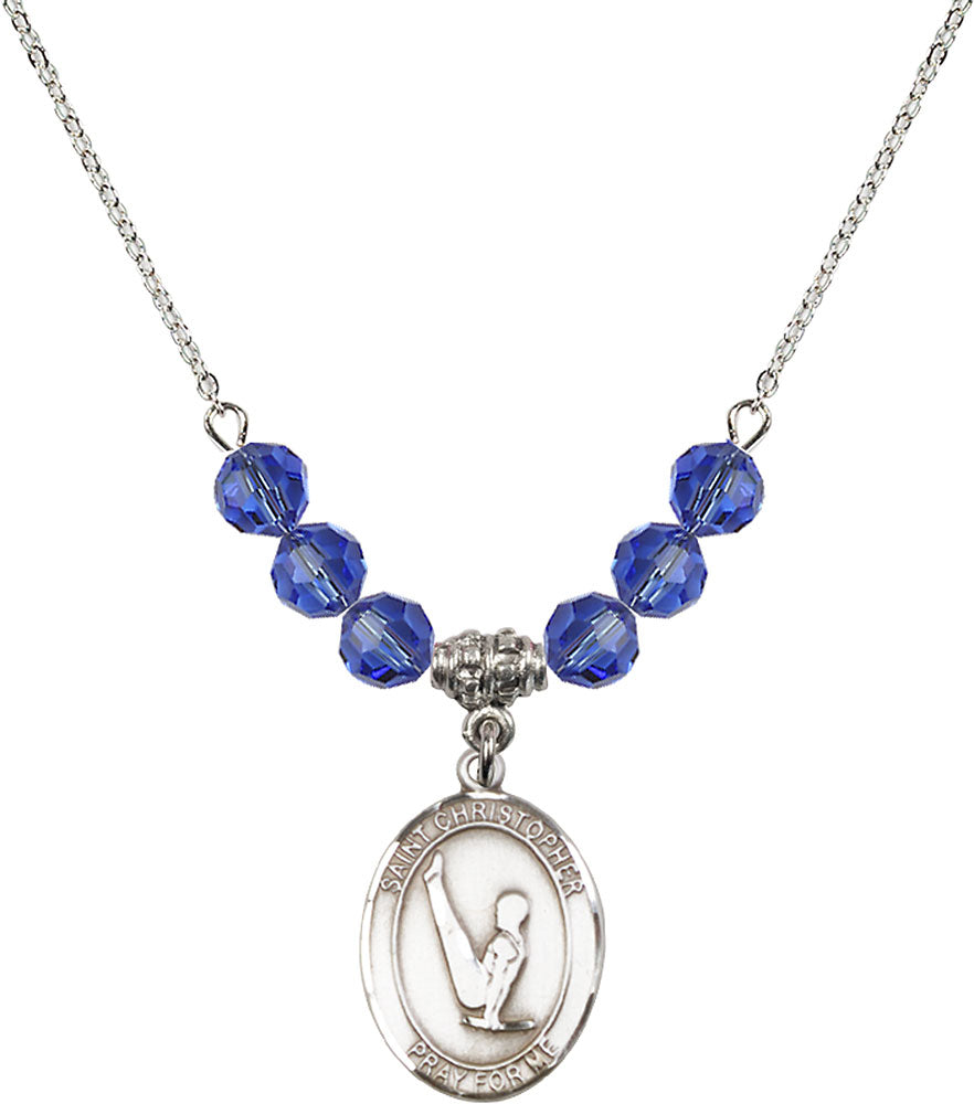 Sterling Silver Saint Christopher/Gymnastics Birthstone Necklace with Sapphire Beads - 8142