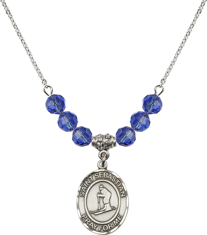 Sterling Silver Saint Sebastian/Skiing Birthstone Necklace with Sapphire Beads - 8169
