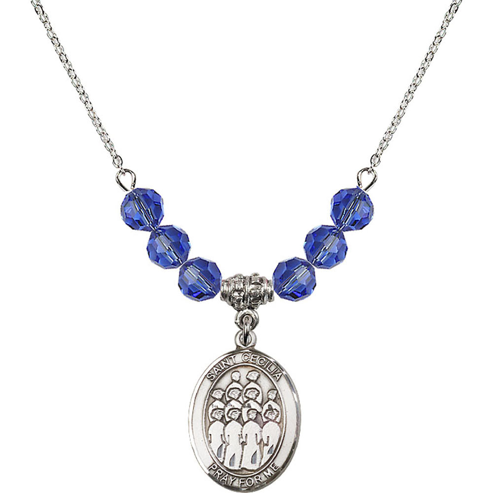 Sterling Silver Saint Cecilia / Choir Birthstone Necklace with Sapphire Beads - 8180