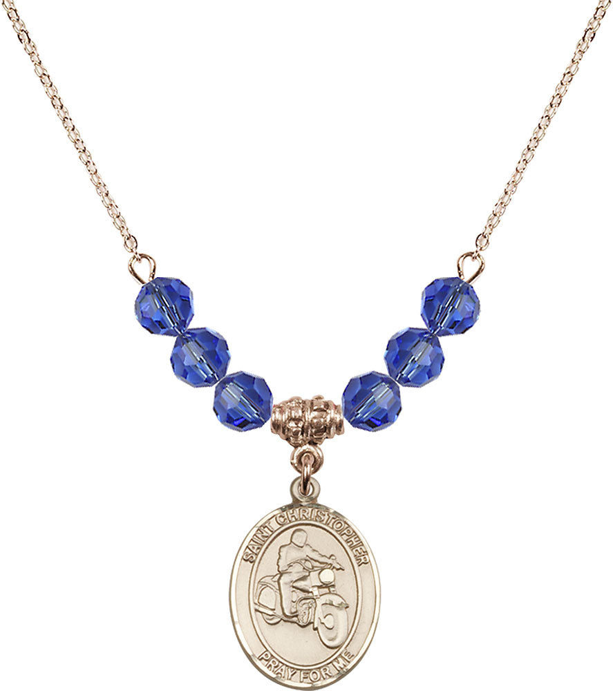 14kt Gold Filled Saint Christopher/Motorcycle Birthstone Necklace with Sapphire Beads - 8185