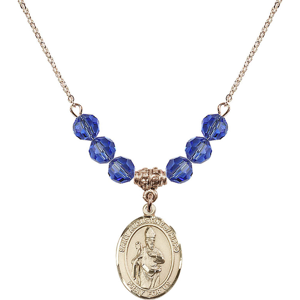 14kt Gold Filled Saint Augustine of Hippo Birthstone Necklace with Sapphire Beads - 8202
