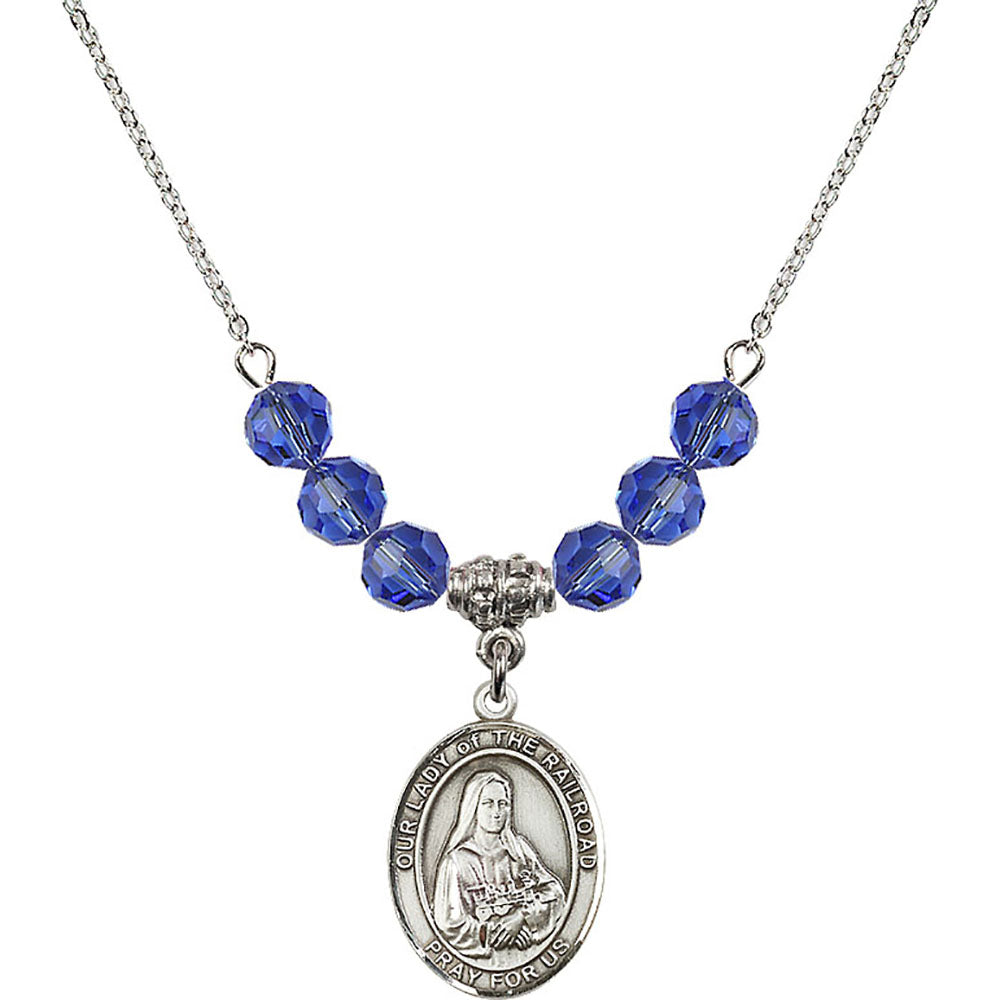 Sterling Silver Our Lady of the Railroad Birthstone Necklace with Sapphire Beads - 8247
