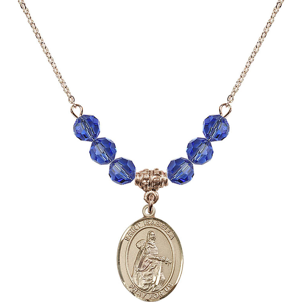 14kt Gold Filled Saint Isabella of Portugal Birthstone Necklace with Sapphire Beads - 8250