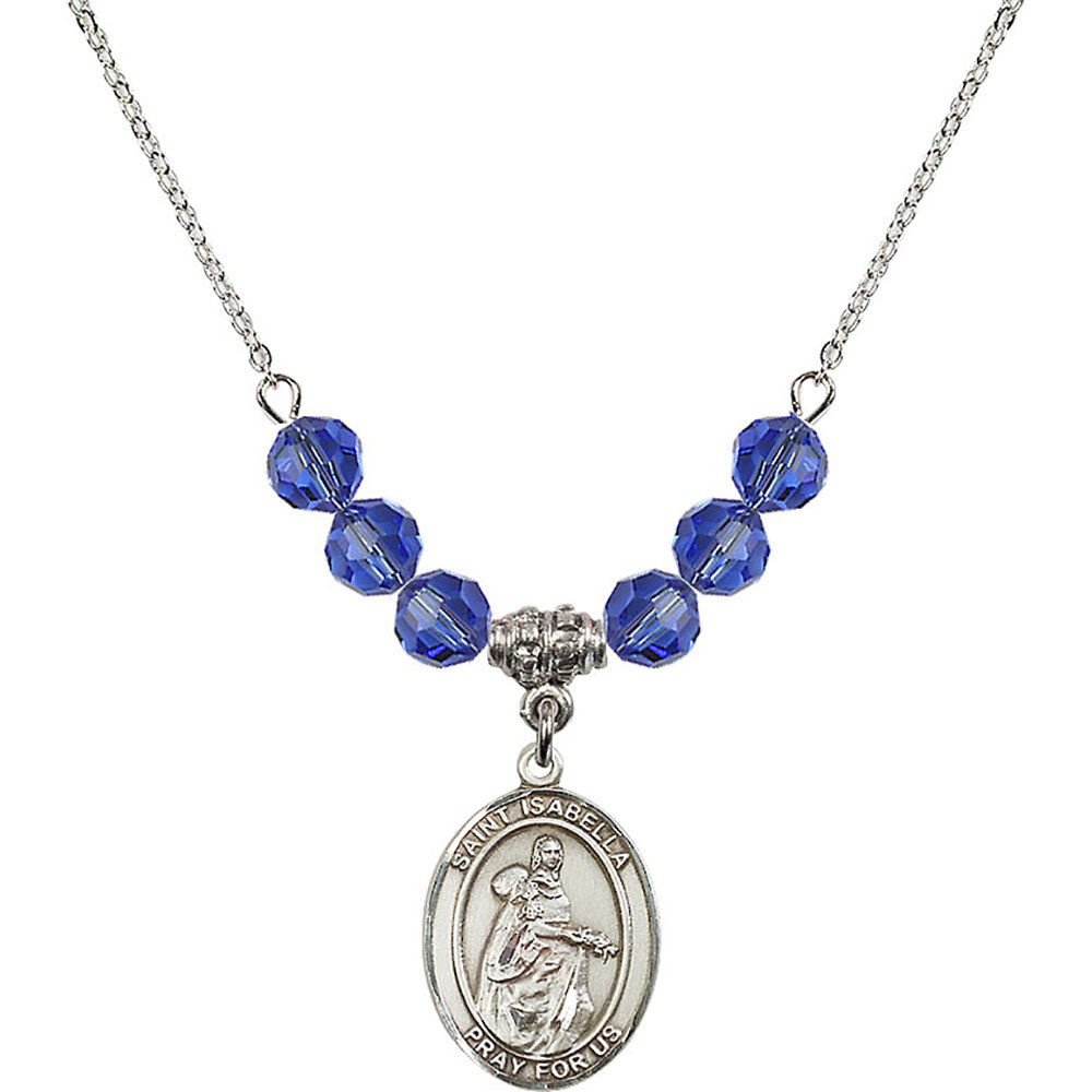 Sterling Silver Saint Isabella of Portugal Birthstone Necklace with Sapphire Beads - 8250