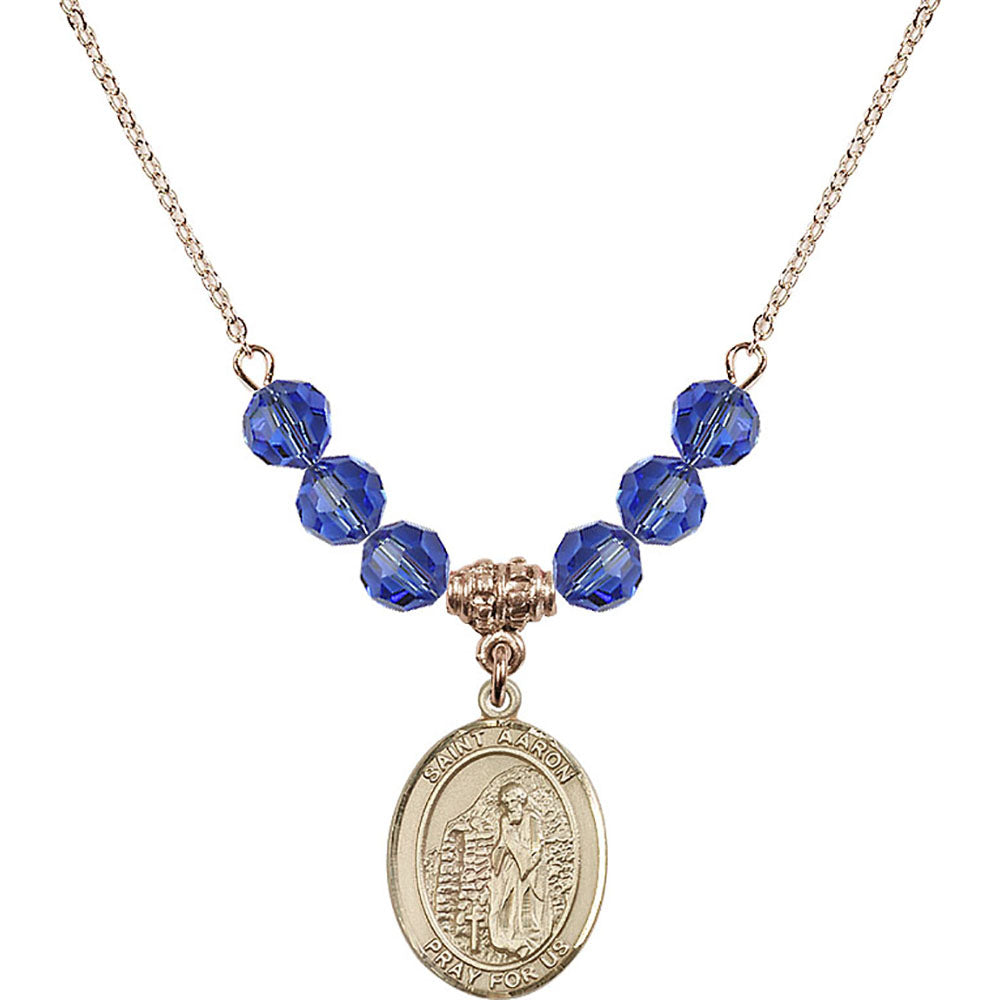 14kt Gold Filled Saint Aaron Birthstone Necklace with Sapphire Beads - 8254