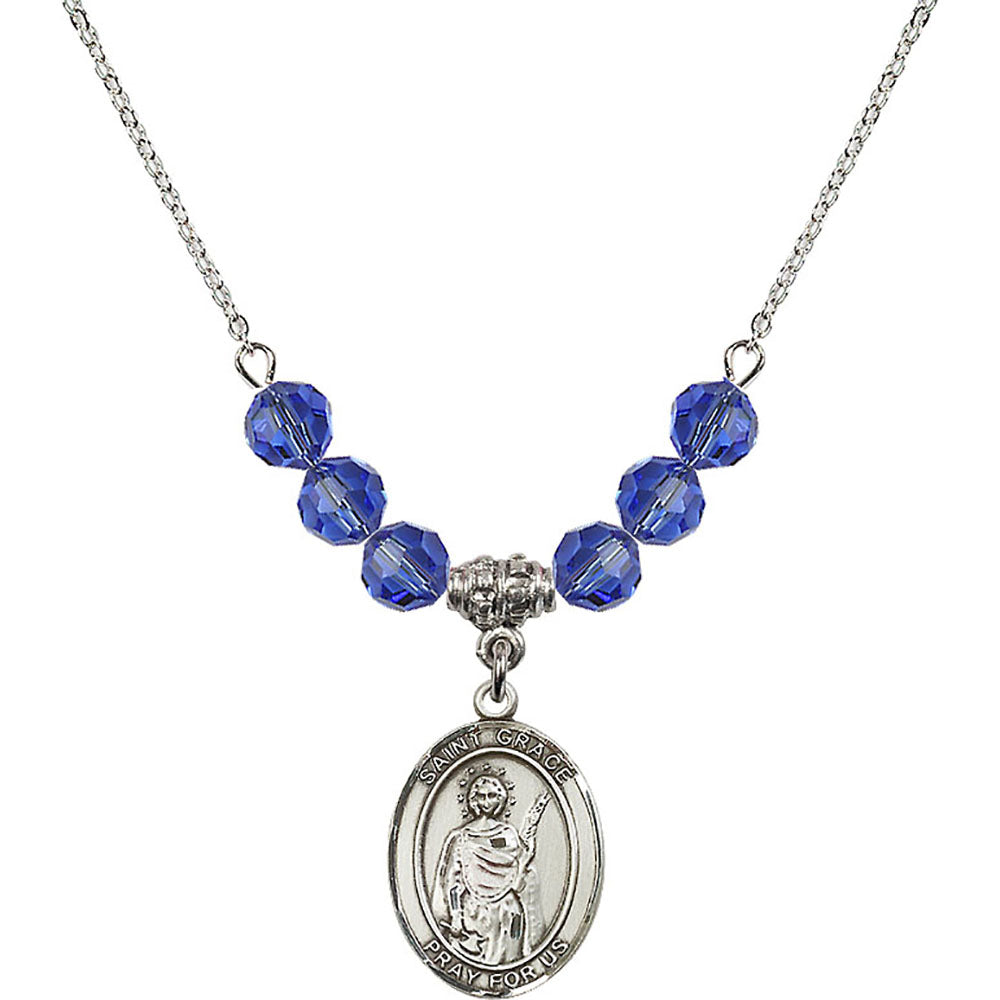 Sterling Silver Saint Grace Birthstone Necklace with Sapphire Beads - 8255