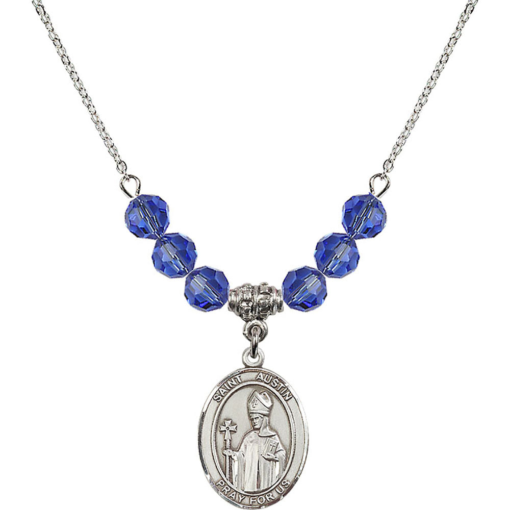 Sterling Silver Saint Austin Birthstone Necklace with Sapphire Beads - 8256