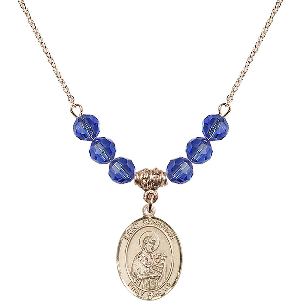 14kt Gold Filled Saint Christian Demosthenes Birthstone Necklace with Sapphire Beads - 8257