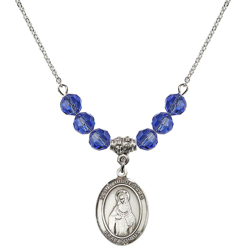 Sterling Silver Saint Hildegard von Bingen Birthstone Necklace with Sapphire Beads - 8260