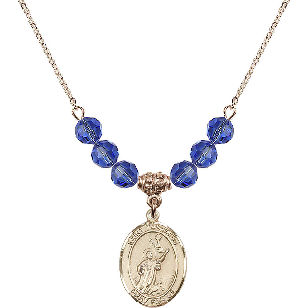 14kt Gold Filled Saint Tarcisius Birthstone Necklace with Sapphire Beads - 8261