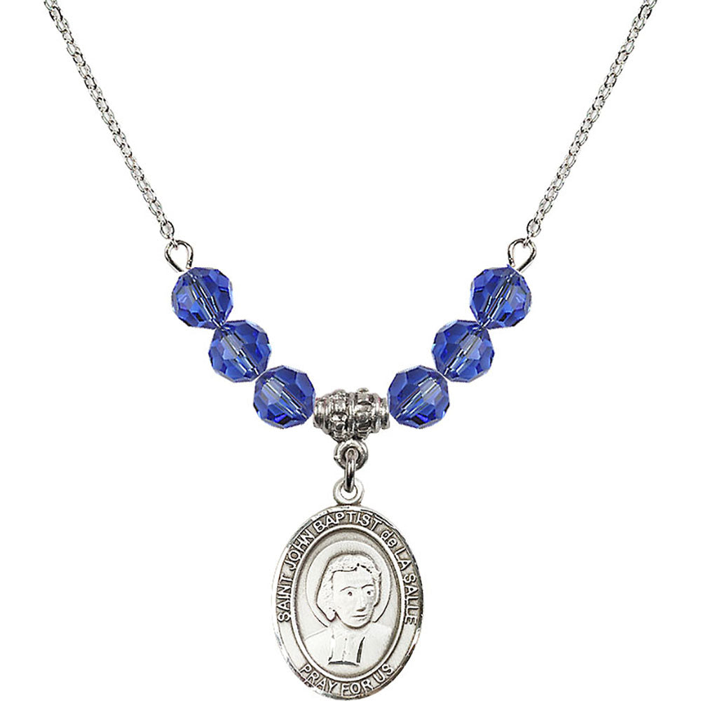 Sterling Silver Saint John Baptist de la Salle Birthstone Necklace with Sapphire Beads - 8262