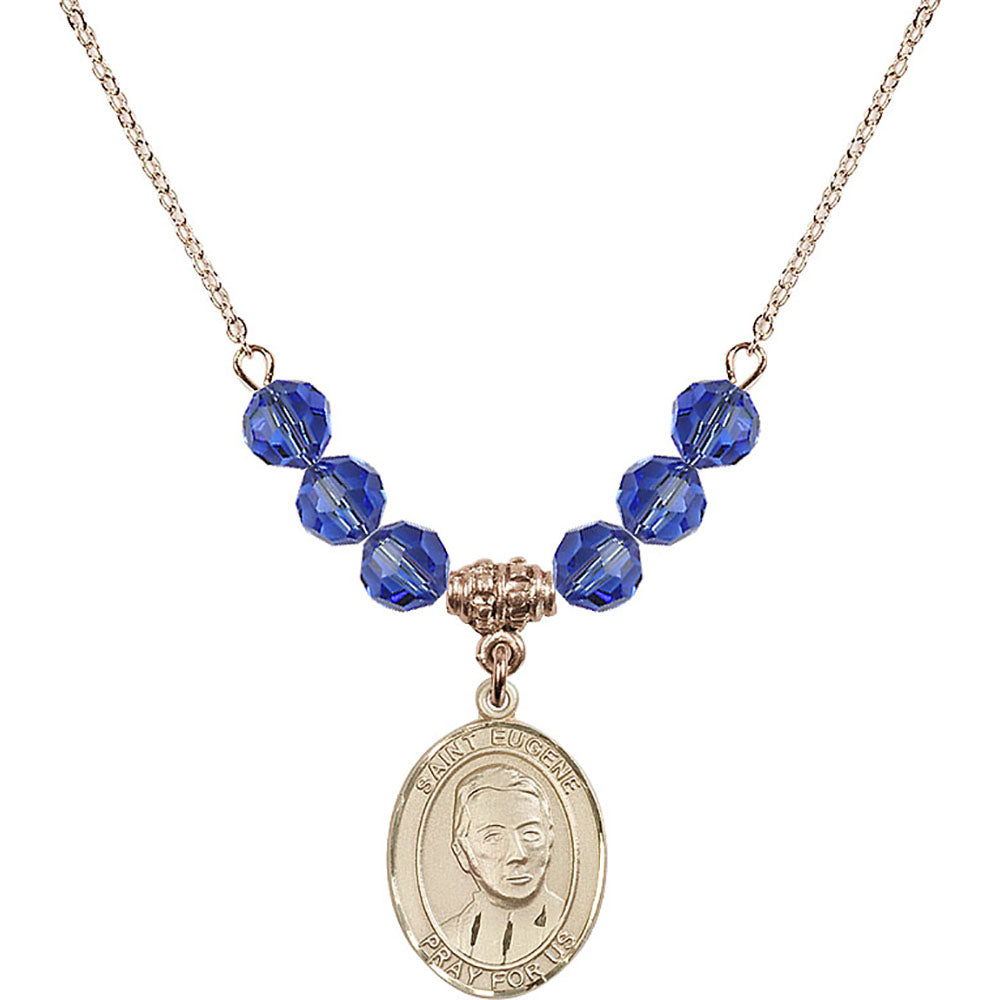 14kt Gold Filled Saint Eugene de Mazenod Birthstone Necklace with Sapphire Beads - 8266