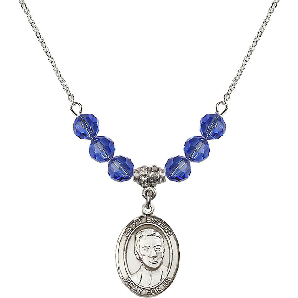 Sterling Silver Saint Eugene de Mazenod Birthstone Necklace with Sapphire Beads - 8266