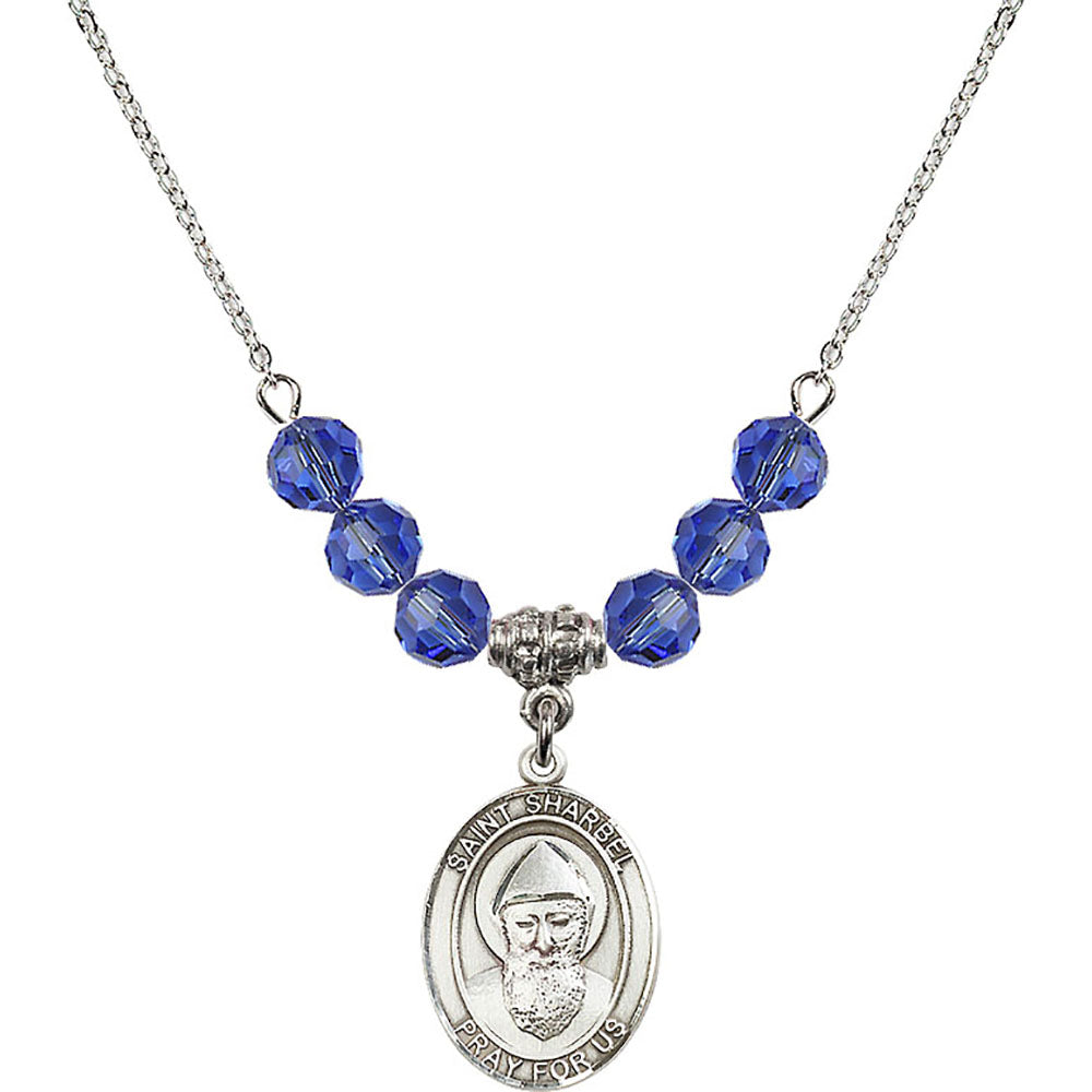 Sterling Silver Saint Sharbel Birthstone Necklace with Sapphire Beads - 8271