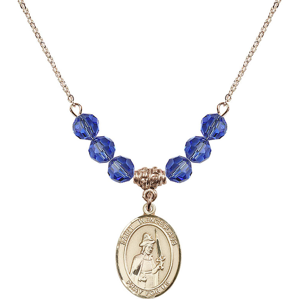 14kt Gold Filled Saint Wenceslaus Birthstone Necklace with Sapphire Beads - 8273