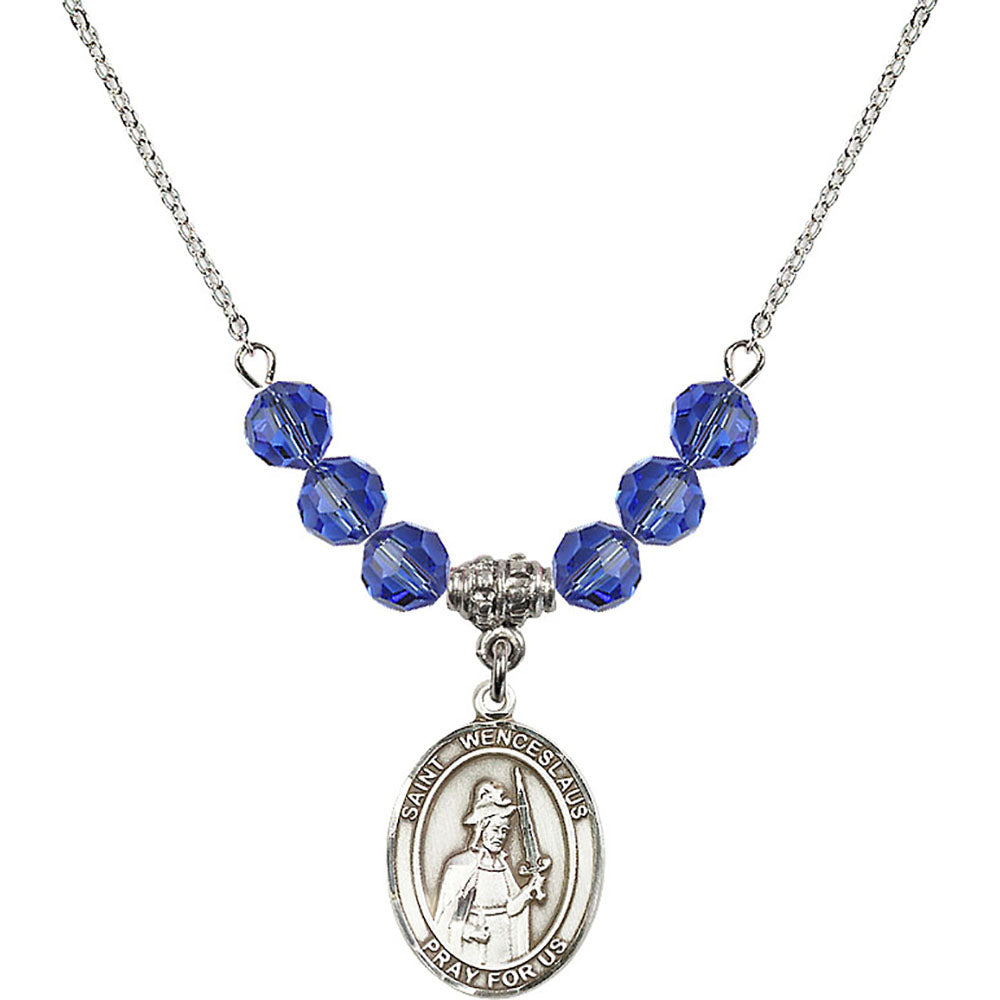Sterling Silver Saint Wenceslaus Birthstone Necklace with Sapphire Beads - 8273