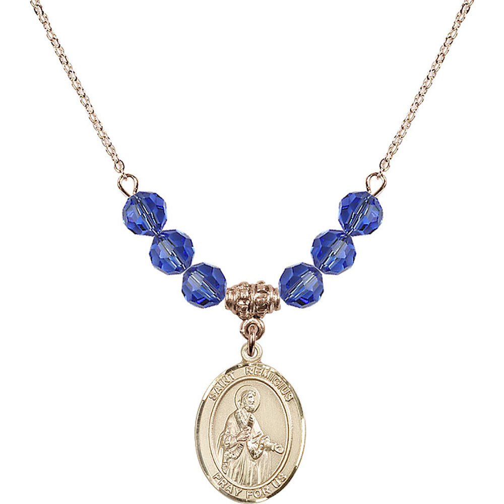 14kt Gold Filled Saint Remigius of Reims Birthstone Necklace with Sapphire Beads - 8274