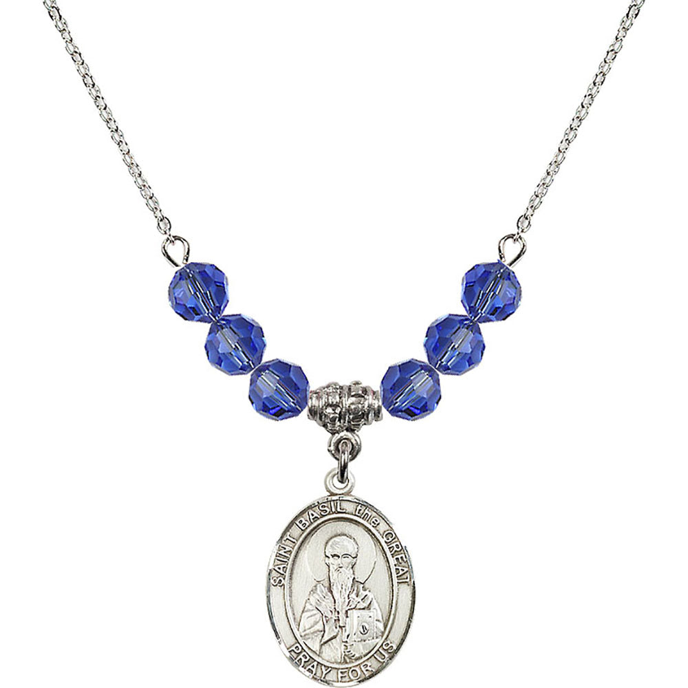 Sterling Silver Saint Basil the Great Birthstone Necklace with Sapphire Beads - 8275